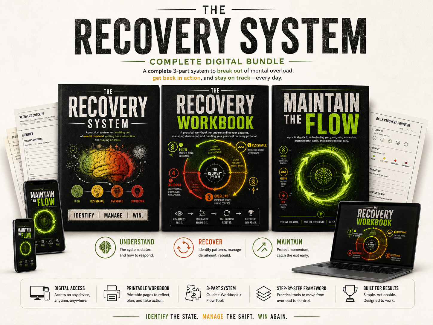 The Recovery System — complete digital bundle with The Recovery Guide, The Recovery Workbook and Maintain the Flow